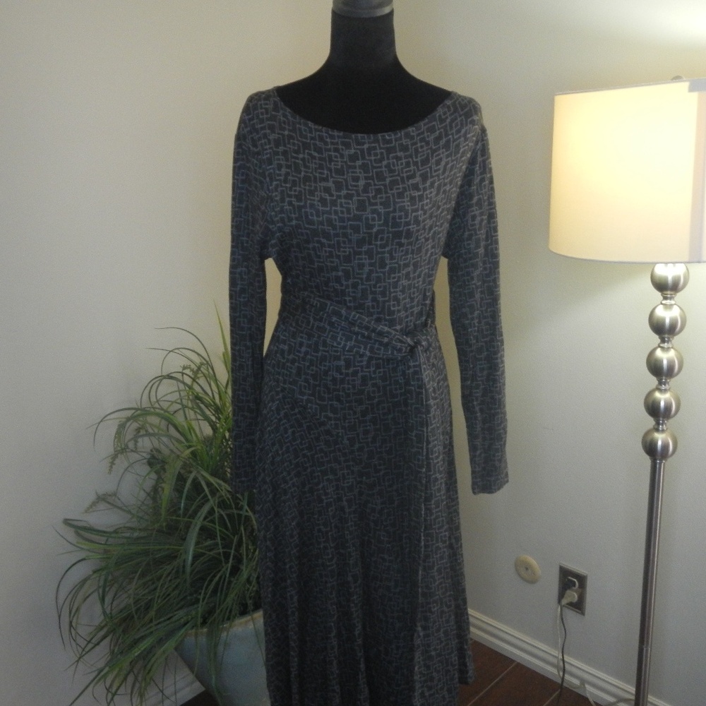 Women’s Gray Patterned Midi Dress – Long Sleeve Draped Elegant Career / Casual C